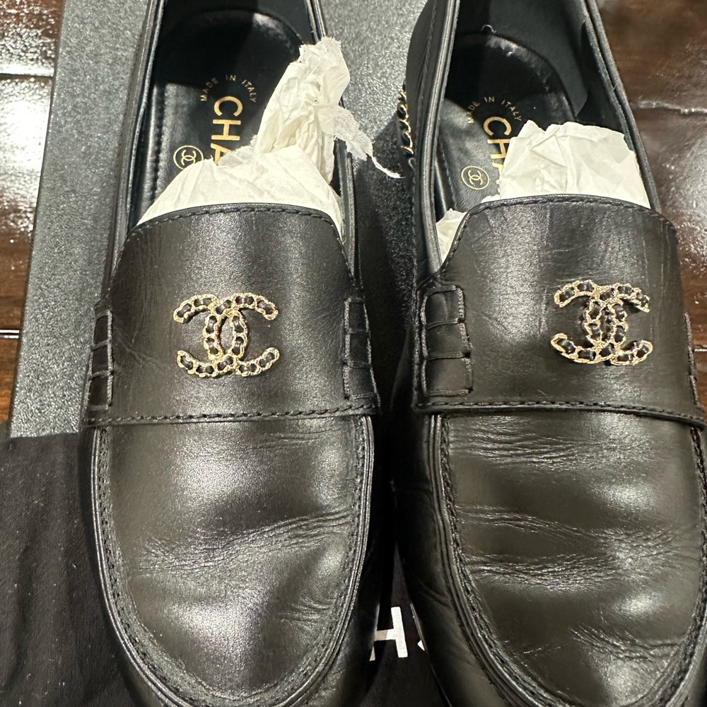 CHANEL Black Leather Slip-On Loafers